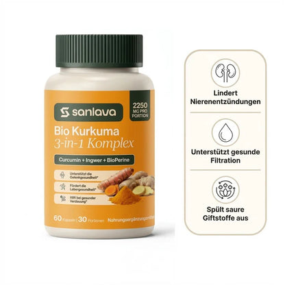 Sanlava Bio-kurkuma 2250 mg | Podporuje zdravou filtraci ledvin a pomáhá vyplavovat zánětlivé usazeniny