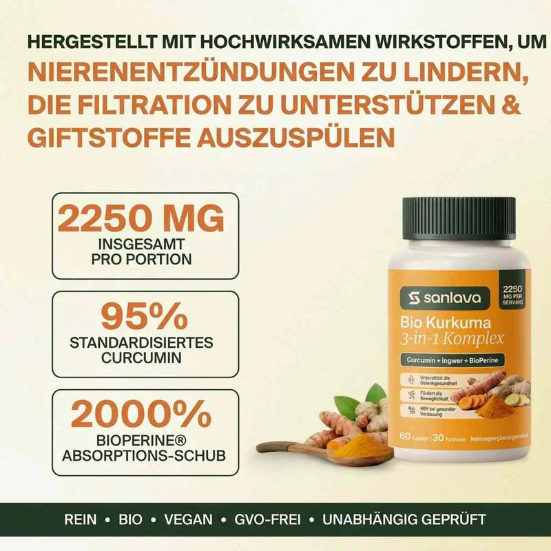 Sanlava Bio-kurkuma 2250 mg | Podporuje zdravou filtraci ledvin a pomáhá vyplavovat zánětlivé usazeniny