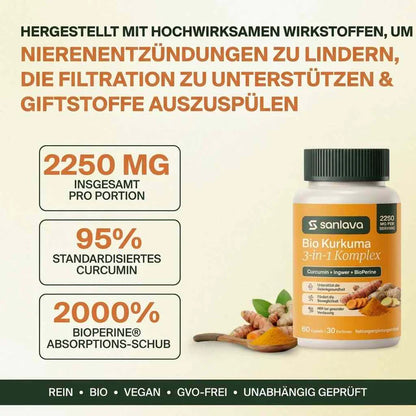 Sanlava Bio-kurkuma 2250 mg | Podporuje zdravou filtraci ledvin a pomáhá vyplavovat zánětlivé usazeniny